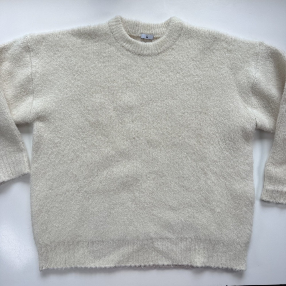 Cream Boucle Crewneck Sweater Alpaca Wool Blend Cozy Oversized Ivory Knit Korea
